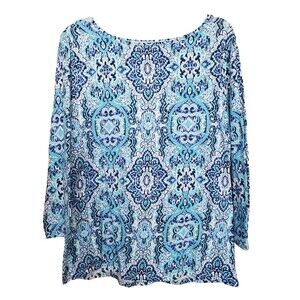 Talbots Cotton/Spandex Blue Medallion Print Boat Neck 3/4 Sleeve Top Size XL